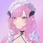  1girl black_choker breasts choker cleavage closed_mouth collarbone commentary_request elysia_(honkai_impact) gradient_background hkhkfff0 honkai_(series) honkai_impact_3rd horns long_hair looking_at_viewer medium_breasts pink_background pink_hair puffy_sleeves purple_background purple_eyes smile solo 
