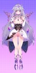  1girl absurdres adapted_costume breasts circlet colored_inner_hair dress grey_hair highres hololive hololive_english jewel_under_eye koseki_bijou long_hair looking_at_viewer multicolored_hair nipples open_mouth petite purple_eyes pussy small_breasts smile solo topless virtual_youtuber waterring white_dress 