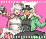  ahoge black_dress blonde_hair blue_eyes blush bracelet breasts clover collar dark-skinned_female dark_skin dress ebi_pri_shrimp elphelt_valentine four-leaf_clover frilled_dress frills green_dress green_jacket guilty_gear guilty_gear_strive hair_between_eyes hairband holding holding_microphone huge_ahoge jacket jewelry long_hair long_sleeves looking_at_viewer medium_breasts microphone open_mouth orange_eyes pink_background pink_dress pink_jacket pink_nails ramlethal_valentine short_hair siblings sideboob sisters smile spiked_bracelet spiked_collar spiked_hairband spikes two-tone_dress white_dress white_hair white_headwear 