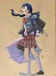  1girl absurdres amano_hina_(tenki_no_ko) artist_name bag blazer blue_eyes blue_hair blue_jacket bow bowtie brown_bag brown_footwear collared_shirt colored_pencil_(medium) commentary_request dated dress_shirt english_commentary floating_hair full_body highres holding holding_umbrella jacket kneehighs loafers long_hair long_sleeves low_twintails mixed-language_commentary open_mouth p.art plaid plaid_skirt pleated_skirt red_bow red_bowtie red_skirt school_bag school_uniform shirt shoes shoulder_bag skirt socks solo tenki_no_ko teruterubouzu traditional_media twintails umbrella white_shirt white_socks 
