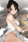  1girl bare_arms bare_hips bare_shoulders black_eyes black_hair breasts bucket choko_(cup) closed_mouth commentary_request cup from_side hair_bun highres large_breasts lips looking_at_viewer lying naked_towel on_side onsen original parted_bangs single_hair_bun solo tokkuri towel upper_body water white_towel wooden_bucket yomu_(sgt_epper) 
