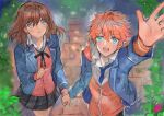  1boy 1girl akehoshi_subaru anzu_(ensemble_stars!) arm_up black_skirt blue_jacket ensemble_stars! from_above holding_hands jacket long_sleeves open_mouth orange_jacket pink_vest pyongtaro skirt smile vest wing_collar 