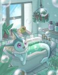  :d bathing bathtub bubble day faucet happy highres ichino_cco indoors open_mouth pokemon purple_eyes rubber_duck shelf smile soap_bottle tongue vaporeon water window 