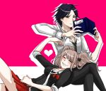  1boy 1girl ahoge black_hair black_necktie black_pants black_shirt blush book bow breasts brown_hair buttons crossed_legs danganronpa:_trigger_happy_havoc danganronpa_(series) enoshima_junko feet_out_of_frame frown grin holding holding_book hy_(fjvlg) large_breasts long_sleeves matsuda_yasuke miniskirt necktie pants parted_bangs pink_background red_bow red_skirt shirt skirt smile teeth twintails white_background white_shirt 