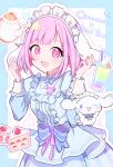  1girl :d animal_ears apron blue_border blue_bow blue_bowtie blue_dress blunt_bangs blush blush_stickers border bow bowtie brooch cake cake_slice center_frills character_name cinnamoroll commentary_request cup dog_ears dress drinking_straw food frilled_apron frills fruit gem grid_background hands_up heart highres jewelry long_sleeves looking_at_viewer maid maid_headdress natsuna_(momomoiro) ootori_emu open_mouth outside_border parted_bangs pink_eyes pink_hair pink_ribbon project_sekai purple_gemstone ribbon sanrio short_hair sidelocks simple_background sleeve_cuffs smile smoothie star_(symbol) strawberry strawberry_shortcake teapot whipped_cream white_background 