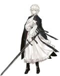  1girl black_coat black_footwear blue_eyes boots coat coat_on_shoulders dress faust_(project_moon) full_body highres holding holding_sword holding_weapon limbus_company long_sleeves looking_at_viewer naughty_0b project_moon puffy_long_sleeves puffy_sleeves short_hair solo sword weapon white_dress white_hair zweihander 
