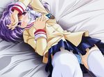  bed blush clannad fujibayashi_kyou hair_ribbon highres hikarizaka_private_high_school_uniform lying panties pantyshot pantyshot_(lying) ribbon school_uniform solo striped striped_panties thighhighs tress_ribbon underwear watsuki_ayamo 