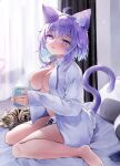  1girl absurdres ahoge animal_ear_fluff animal_ears barefoot blue_hair blush breasts cat cat_ears cat_girl cat_tail cellphone collared_shirt colored_inner_hair cup curtains dress_shirt highres holding holding_cup hololive indoors large_breasts long_sleeves looking_at_viewer medium_hair messy_hair mug multicolored_hair naked_shirt neck_ribbon nekomata_okayu nekomata_okayu_(4th_costume) nishiro_hato official_alternate_costume official_alternate_hairstyle on_bed onigirya_(nekomata_okayu) open_clothes open_shirt phone pillow purple_eyes purple_hair purple_ribbon ribbon shirt sitting smartphone solo tail temari_(nekomata_okayu) virtual_youtuber wariza white_shirt 