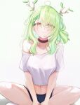  1girl absurdres ahoge alternate_costume antlers black_choker braid breasts ceres_fauna choker green_hair highres hololive hololive_english large_breasts long_hair looking_at_viewer mole mole_under_eye psypolo_d shirt single_braid sitting smile socks solo virtual_youtuber white_shirt white_socks yellow_eyes 