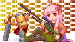  1girl 1other :d :o ai_arctic_warfare black_pantyhose blunt_bangs blush_stickers bolt_action bullet bullet_kin cademofu cape cardigan character_print commentary_request crossover enter_the_gungeon full_body green_footwear green_shorts gun hair_ribbon holding holding_bullet holding_gun holding_weapon jumping kotonoha_akane long_hair long_sleeves looking_at_viewer open_mouth orange_cardigan pantyhose pink_hair pixel_art planted planted_sword red_cape red_eyes red_ribbon red_shirt ribbon rifle scope shirt shoe_soles shorts sidelocks sitting smile sniper_rifle sword the_bullet_(enter_the_gungeon) very_long_hair voiceroid weapon white_background 