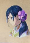  1girl absurdres amano_hina_(tenki_no_ko) artist_name black_choker blue_eyes blue_hair choker closed_mouth colored_pencil_(medium) commentary_request dated english_commentary flower hair_flower hair_ornament highres japanese_clothes kimono korean_commentary long_hair mixed-language_commentary nape p.art side_ponytail solo tenki_no_ko traditional_media upper_body white_kimono yukata 