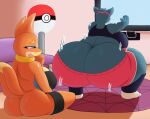 2023 anthro big_butt blue_body blue_eyes blush bottomwear buizel butt clothed clothing crouching digital_drawing_(artwork) digital_media_(artwork) duo generation_1_pokemon generation_4_pokemon hi_res looking_at_another mechspazer narrowed_eyes nintendo open_mouth orange_body partially_clothed pink_bottomwear pink_clothing pink_shorts pokemon pokemon_(species) shorts shorts_down sitting size_difference snorlax sweatband