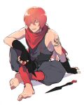  1boy bandana barefoot black_vest chromatic_aberration fate/grand_order fate_(series) fingerless_gloves fuuma_kotarou_(fate) gloves highres holding holding_weapon knee_up kunai lower_teeth_only male_focus open_mouth ororooops red_bandana red_eyes red_hair short_hair shoulder_tattoo simple_background sitting solo tattoo teeth vest weapon 