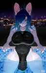 2023 absurd_res ahoge anthro big_breasts blush breasts bulge clothing detailed_bulge fur genital_outline gynomorph hair hair_over_eye hi_res intersex lagomorph leporid mammal michi_(tensu) navel night one-piece_swimsuit one_eye_obstructed partially_submerged penis_outline pita_potato pool rabbit shy solo swimwear thick_thighs vein water wet