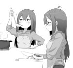  1girl ahoge apron blush check_commentary commentary_request cooking cutting_board flat_chest greyscale hair_between_eyes holding holding_knife holding_ladle hood hoodie idolmaster idolmaster_million_live! kitchen_knife knife ladle long_hair long_sleeves looking_at_another minazuki_tooru mochizuki_anna monochrome multiple_views onion sidelocks sideways_glance sleeves_pushed_up soup_ladle sparkle steam table upper_body v-shaped_eyebrows white_background 