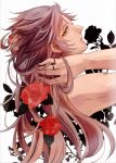  1boy bare_arms bare_shoulders commentary_request final_fantasy final_fantasy_ii firion flower grey_hair hair_down hands_in_hair jewelry long_hair looking_back male_focus minatoya_mozuku parted_lips red_flower red_rose ring rose sidelocks solo upper_body white_background yellow_eyes 