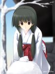  :d bangs bare_tree black_eyes black_hair blurry breath cowboy_shot depth_of_field hair_over_shoulder hakama japanese_clothes kimono leaning_forward long_hair long_sleeves looking_down low_twintails miko mouse new_year open_mouth original red_hakama smile snow snow_bunny snow_mouse solo tree twintails wide_sleeves winter zenzen_(onestep) 