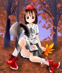  bird bird_on_leg book des geta hat leaf looking_at_viewer shameimaru_aya sitting solo tengu-geta touhou 