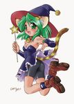  animal_ears bike_shorts cat_ears cat_tail collar copyright_request ebifly green_hair hat solo tail twisted_torso wand witch_hat 