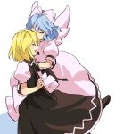  2girls black_dress blonde_hair blue_hair closed_eyes collared_dress commentary_request dress flat_chest hair_ribbon head_kiss kaigen_1025 kiss light_blue_hair mai_(touhou) medium_hair multiple_girls no_headwear open_mouth puffy_short_sleeves puffy_sleeves ribbon shirt short_hair short_sleeves smile touhou touhou_(pc-98) white_dress white_ribbon white_shirt white_wings wings yuki_(touhou) yuri 