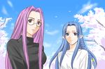  blue_eyes blue_hair braid caster cherry_blossoms fate/hollow_ataraxia fate/stay_night fate_(series) glasses long_hair multiple_girls parted_lips pointy_ears purple_eyes purple_hair rider smile toshibou_(satsukisou) upper_body 