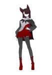  animal_ears boots brown_hair dress full_body hair_over_one_eye hand_on_own_hip highres imaizumi_kagerou looking_at_viewer multicolored_clothes multicolored_dress off-shoulder_dress off_shoulder red_footwear standing touhou white_background wolf_ears wolf_girl zenritsu 