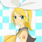  bare_shoulders blonde_hair blue_eyes headset kagamine_rin mebae solo vocaloid 