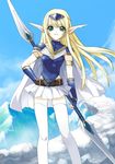  armor blonde_hair copyright_request csy elf gloves green_eyes long_hair miniskirt pointy_ears polearm skirt solo thighhighs weapon zettai_ryouiki 