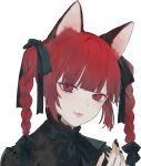  1girl absurdres animal_ears black_bow black_nails black_shirt bow bowtie braid cat_ears cat_girl collar commentary_request daimaou_ruaeru frilled_collar frills hair_bow highres kaenbyou_rin lips long_hair looking_at_viewer multiple_hair_bows nekomata red_eyes red_hair shirt simple_background smile solo touhou twin_braids upper_body white_background 