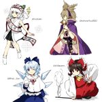  1other 3girls ;) androgynous ascot black_eyes black_skirt blue_dress blue_hair blue_ribbon brown_eyes brown_hair cape capelet celeritas_lumen cirno closed_mouth commentary_request dress earmuffs flat_chest frilled_ribbon frills gohei hachimaki hair_ribbon hair_tubes hakama hakama_short_skirt hakama_skirt hakurei_reimu hand_up headband holding holding_gohei ice ice_wings japanese_clothes kaigen_1025 kimono light_blue_hair light_brown_hair long_sleeves medium_hair mittens multiple_girls nejiri_hachimaki ofuda ofuda_on_clothes ofuda_on_head one_eye_closed purple_cape purple_skirt red_eyes red_ribbon red_vest ribbon shide shide_hair_ornament shirt short_hair skirt sleeveless sleeveless_kimono smile socks sparkling_eyes touhou toyosatomimi_no_miko v vest white_capelet white_hair white_kimono white_mittens white_shirt white_socks wings yellow_ascot 