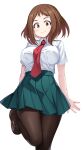  1girl blush boku_no_hero_academia breasts brown_eyes brown_footwear brown_hair brown_pantyhose closed_mouth collared_shirt green_skirt highres kageira large_breasts loafers looking_at_viewer medium_hair necktie pantyhose pleated_skirt red_necktie school_uniform shirt shoes short_hair short_sleeves sidelocks skirt smile solo standing standing_on_one_leg summer_uniform u.a._school_uniform uraraka_ochako white_shirt 