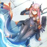  1girl absurdres arm_support blue_eyes bodysuit breasts covered_navel diving_suit fins hand_on_own_head headgear highres long_hair looking_at_viewer medium_breasts mermaid monster_girl original pink_hair sigure-zzzz sitting solo water wet wetsuit 