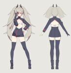  1girl ankle_boots black_footwear boots breasts djmax fail_(djmax) grey_hair hair_ornament hand_on_own_hip highres long_hair long_sleeves mamo_c non-web_source skirt smile standing twintails zettai_ryouiki 