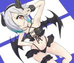 1girl ago_ch2016 armpits blush breasts cleavage closed_mouth demon_girl demon_horns demon_wings fake_horns fake_wings highres horns jashin-chan_dropkick large_breasts looking_at_viewer navel persephone_ii red_eyes short_hair smile solo tongue tongue_out v white_hair wings 