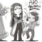  &gt;_&lt; 3boys angry bob_cut cape chibi chromatic_aberration cigarette fate/grand_order fate_(series) flick greyscale hand_in_pocket long_coat long_hair lord_el-melloi_ii monochrome multiple_boys rider_(fate/zero) simple_background tug twitter_username wasaji waver_velvet white_background 