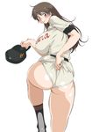  absurdres ass baseball baseball_cap baseball_uniform blush breasts brown_eyes brown_hair clothes_writing covered_nipples from_behind hat highres huge_ass huge_breasts lip_van_winkle long_hair looking_back momoe_maria no_panties ookiku_furikabutte plump screencap simple_background socks solo sportswear uniform wedgie 