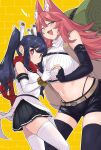  2girls :d absurdres animal_ears backpack bag bare_shoulders belt black_hair black_shorts black_thighhighs blue_eyes bracelet breasts elbow_gloves fang fingerless_gloves firo_(shiboritoranaide_onna_shounin-san) genderswap genderswap_(mtf) gloves hair_ornament half-heart_hands heart heart_hands heart_hands_duo heart_hands_failure highres jewelry midriff multiple_girls navel pink_hair pleated_skirt purple_eyes rabi_(shiboritoranaide_onna_shounin-san) shiboritoranaide_onna_shounin-san shorts shun_soku skirt smile thighhighs thumbs_up twintails white_thighhighs yellow_background 