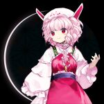  1girl apron black_background character_request closed_mouth commentary_request copyright_request dress flat_chest frilled_sleeves frills hat kaigen_1025 long_sleeves open_mouth pink_apron pink_hair pink_headwear smile solo upper_body white_dress 
