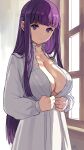  1girl blunt_bangs breasts buttons cleavage covered_nipples cut_bangs dress fern_(sousou_no_frieren) highres indoors large_breasts long_hair looking_at_viewer purple_eyes purple_pupils revision shirt solo sousou_no_frieren straight_hair undressing white_shirt window zefrableu 