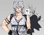 1boy 1other animal_ears arknights arm_strap black_gloves doctor_(arknights) gloves grey_background grey_hair hair_between_eyes holding hood hood_up ierotak leopard_boy leopard_ears male_focus open_mouth pectoral_cleavage pectorals scar scar_on_cheek scar_on_face shirt silverash_(arknights) sleeveless sleeveless_shirt sweat toned toned_male upper_body white_shirt 