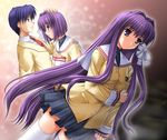  2girls clannad fujibayashi_kyou fujibayashi_ryou hikarizaka_private_high_school_uniform miyai_sen multiple_girls okazaki_tomoya school_uniform siblings sisters thighhighs twins zettai_ryouiki 