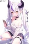  1girl absurdres alternate_costume bandaid bandaid_on_leg choker english_commentary frqz_bijutsu grey_hair highres hololive horns la+_darknesss multicolored_hair phone pixiv pointy_ears purple_hair socks streaked_hair tail twintails virtual_youtuber yellow_eyes 