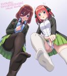  2girls :o black_cardigan black_jacket black_pantyhose black_ribbon blazer blue_cardigan blue_eyes blunt_bangs blush bob_cut breasts brown_hair butterfly_hair_ornament cardigan collared_shirt commentary_request feet foot_out_of_frame from_below go-toubun_no_hanayome green_skirt hair_between_eyes hair_ornament hair_ribbon headphones headphones_around_neck jacket large_breasts long_hair multiple_girls nakano_miku nakano_nino no_shoes open_cardigan open_clothes open_jacket panties pantyhose pantyshot parted_lips pink_hair pleated_skirt pointing pointing_at_viewer ribbon school_uniform shirt short_hair siblings sidelocks sisters skirt soles sweatdrop thighhighs toes translation_request underwear vierosky white_panties white_shirt white_thighhighs 