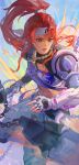  1girl armor brigitte_(overwatch) brown_eyes chain chain_necklace crop_top explosion fingerless_gloves flail gauntlets gloves headband highres holding holding_weapon jewelry le_sserafim navel necklace overwatch overwatch_2 pauldrons ponytail red_hair shoulder_armor weapon westwheat 
