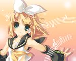  amanooni_touri arm_warmers armpits bangs bass_clef blonde_hair blouse blue_eyes bow eighth_note eyebrows_visible_through_hair gradient gradient_background hair_bow hair_ornament hairclip headphones kagamine_rin looking_at_viewer musical_note number outstretched_arm quarter_note ribbon sailor_collar sheet_music shirt_lift short_hair sleeveless solo staff_(music) swept_bangs tattoo treble_clef upper_body vocaloid white_blouse white_bow yellow_ribbon 