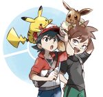  2boys :d :o arm_up backpack bag bright_pupils brown_eyes brown_hair chase_(pokemon) commentary_request eevee green_pants hat jacket looking_up male_focus multiple_boys nisaka_ooo on_head open_mouth pants pikachu pokemon pokemon_(creature) pokemon_lgpe pokemon_on_head red_headwear red_jacket shirt short_hair short_sleeves smile teeth tongue trace_(pokemon) upper_teeth_only white_pupils 