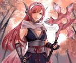  1girl artist_name axe black_gloves breasts cherche_(fire_emblem) cherche_(ninja)_(fire_emblem) cleavage fingerless_gloves fire_emblem fire_emblem_awakening fire_emblem_heroes gloves hand_on_own_hip holding holding_axe long_hair looking_at_viewer ninja official_alternate_costume pink_eyes pink_hair scarf schereas smile solo white_scarf 