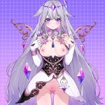  1girl adapted_costume breasts circlet colored_inner_hair dress grey_hair highres hololive hololive_english jewel_under_eye koseki_bijou long_hair looking_at_viewer multicolored_hair nipples open_mouth petite purple_eyes pussy small_breasts smile solo topless virtual_youtuber waterring white_dress 