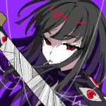  1girl black_hair e.g.o_(project_moon) jacket katana limbus_company long_hair looking_at_viewer nishiirei9522 oekaki parted_lips portrait project_moon purple_jacket red_eyes ryoshu_(project_moon) silk solo spider_web sword very_long_hair weapon 