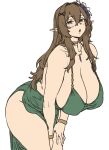  1girl :o bare_arms bare_shoulders breasts brown_hair brown_haired_glasses_elf_(houtengeki) choker cleavage elf glasses green_eyes hair_between_eyes hair_ornament hairclip highres houtengeki large_breasts leaning_forward long_hair looking_at_viewer open_mouth original pointy_ears simple_background solo thighs white_background 